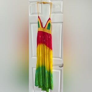 MWOT! Vibrant Red, Green and Yellow Tie-Dye backless Maxi Dress.